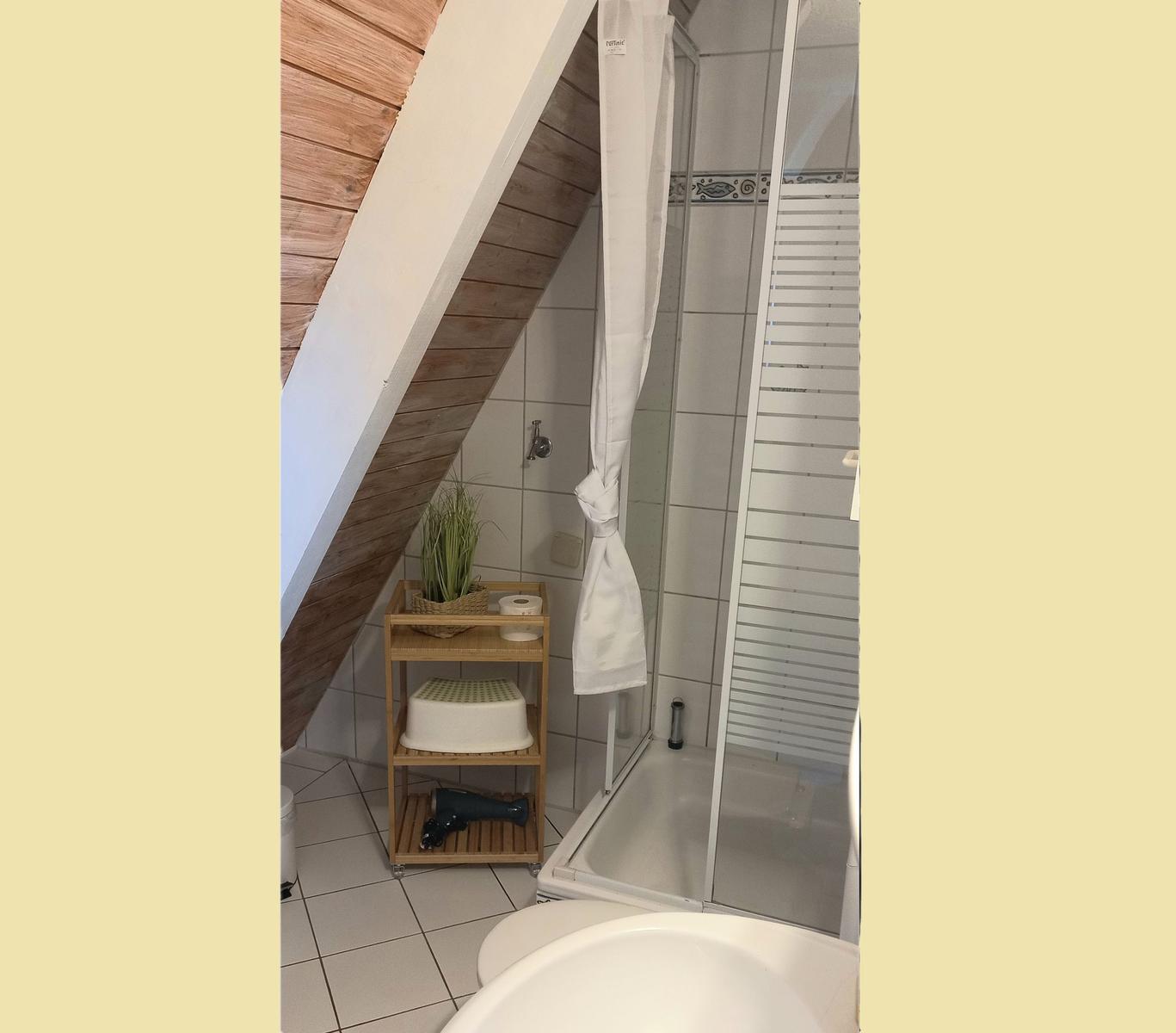 Badezimmer mit Dusche, Holzregal und schräger Dachdecke.