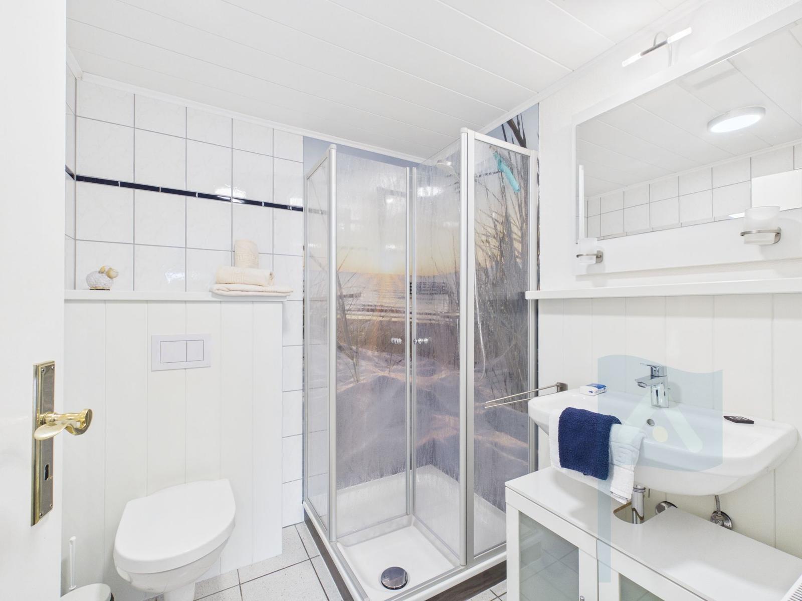 Badezimmer mit Dusche, Waschbecken und Toilette. Glaswand mit winterlichem Motiv.