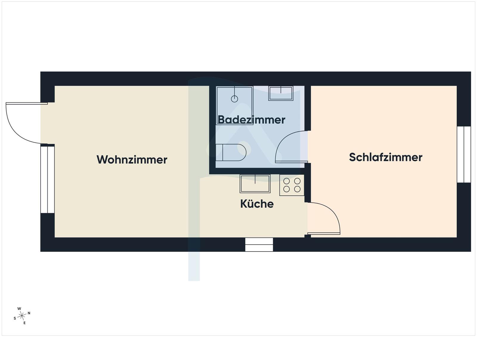Wohnzimmer, Schlafzimmer, Küche und Badezimmer mit Dusche und WC.