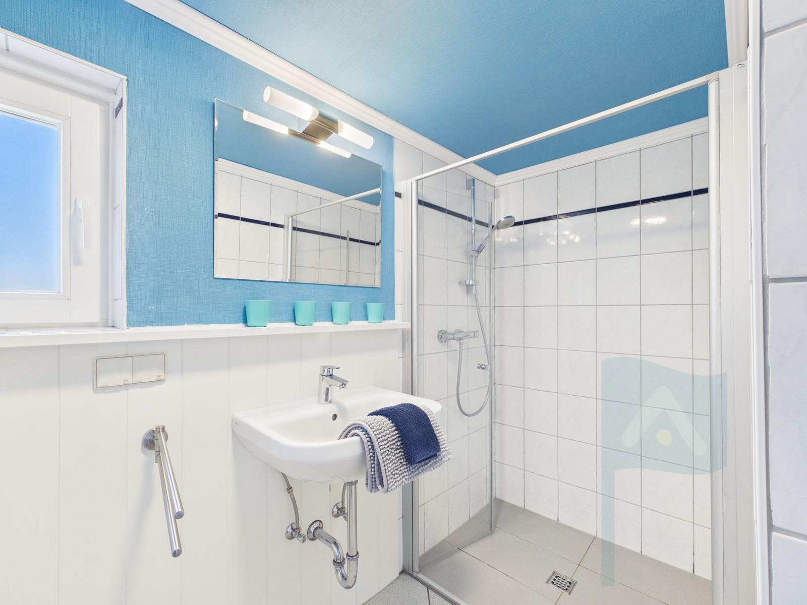 Bathroom with shower, sink, and window. Blue walls and white tiles.