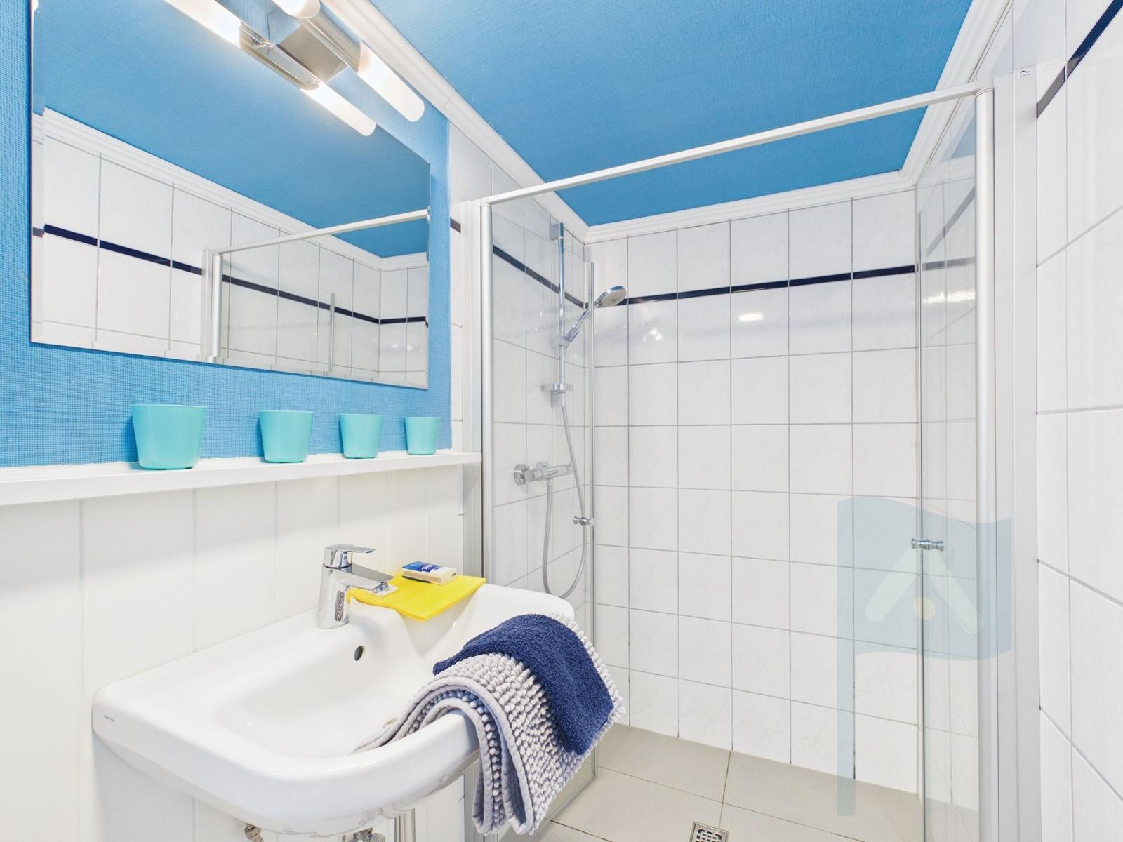 Bathroom with shower, sink, and mirror. Blue ceiling and wall tiles.