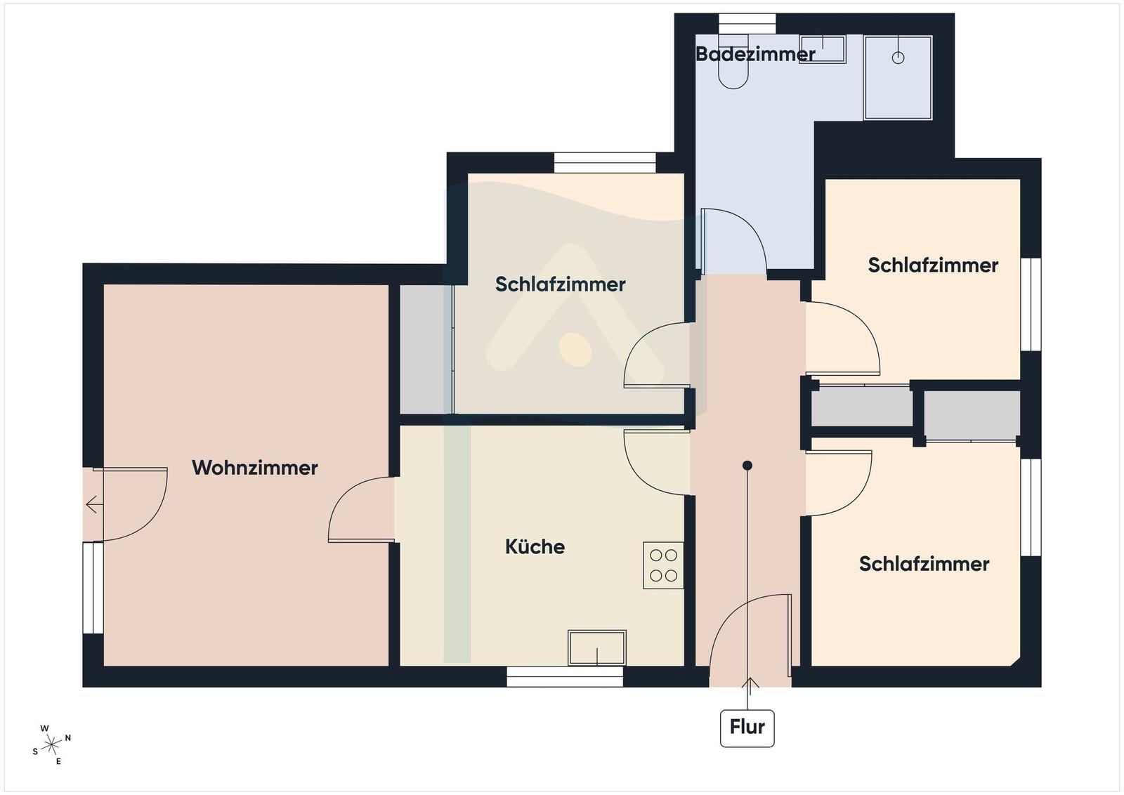 Apartment with living room, kitchen, three bedrooms, and bathroom.