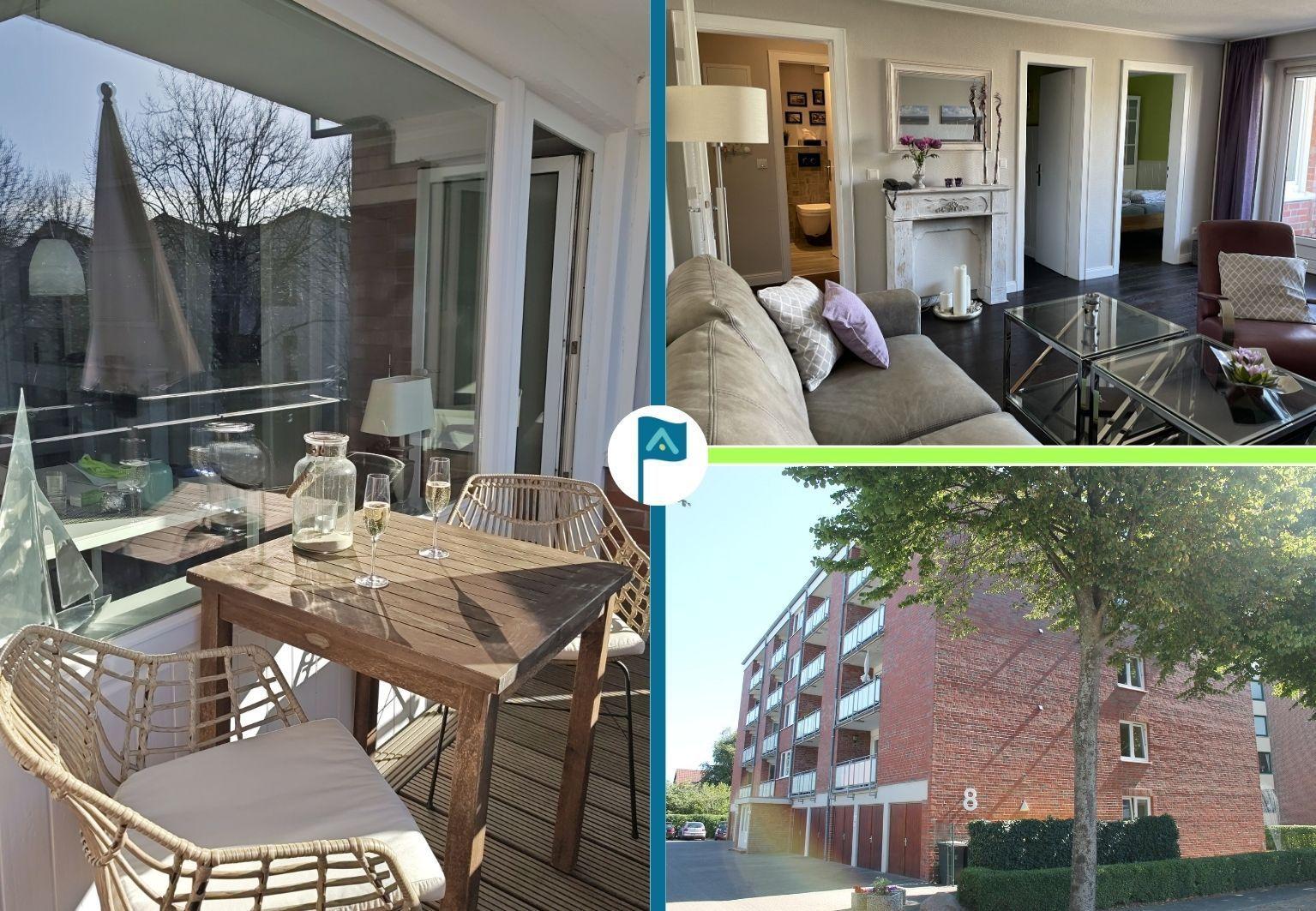 Terrasse mit Tisch und Stühlen, Wohnzimmer mit Sofa und Kamin, Außenansicht eines Wohnblocks.