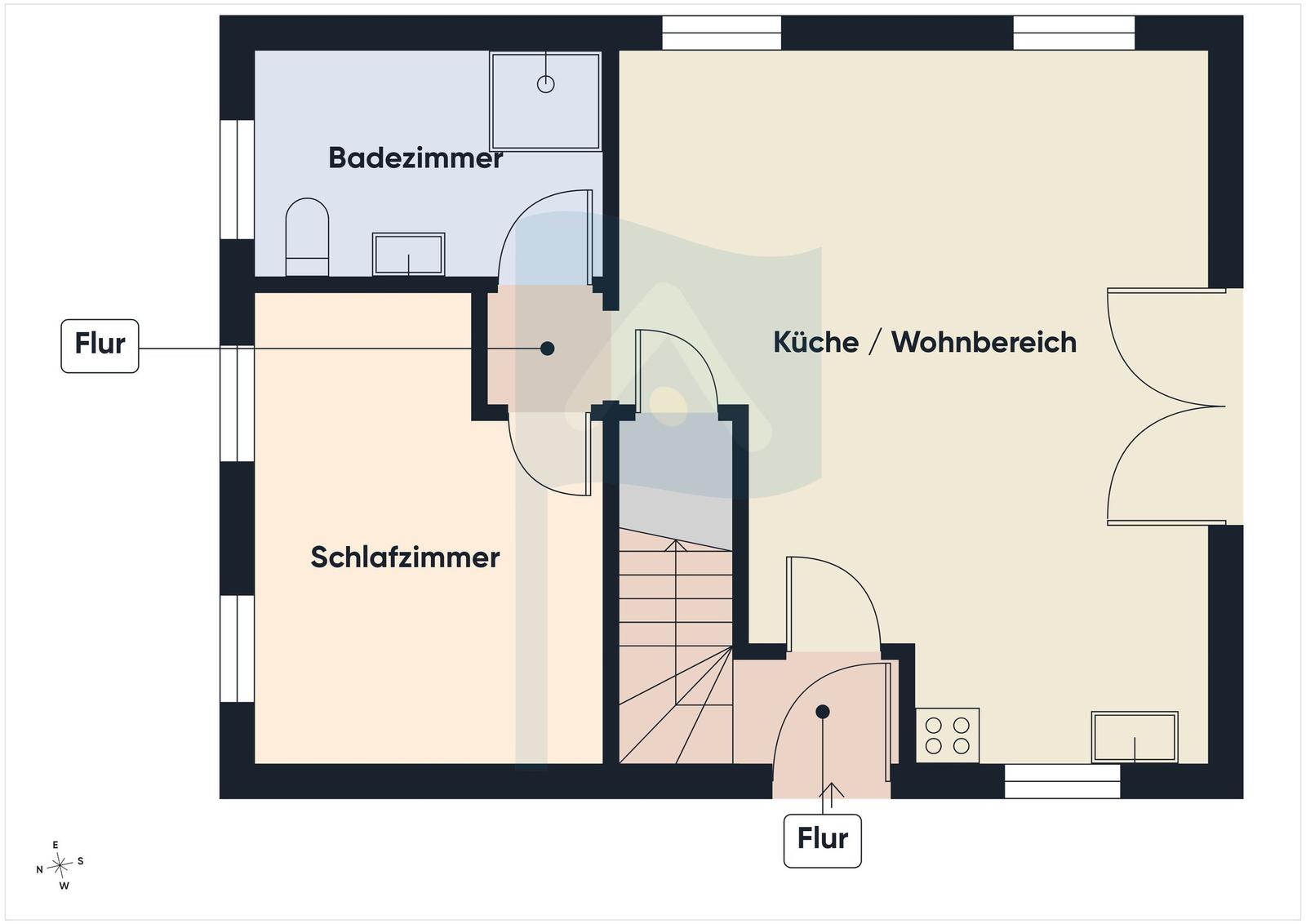 Die Wohnung hat ein Schlafzimmer, ein Bad und eine Küche/Wohnbereich mit Flur.