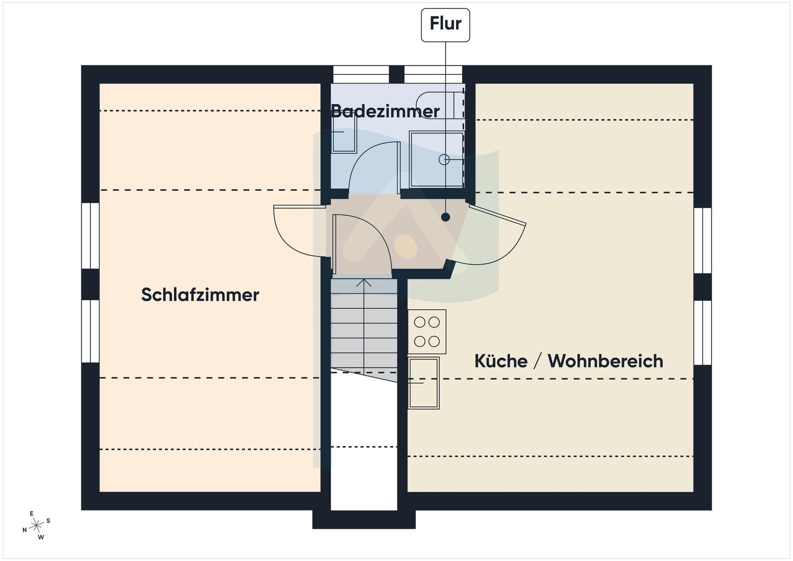 Wohnung mit Schlafzimmer, Küche/Wohnbereich, Bad und Flur.