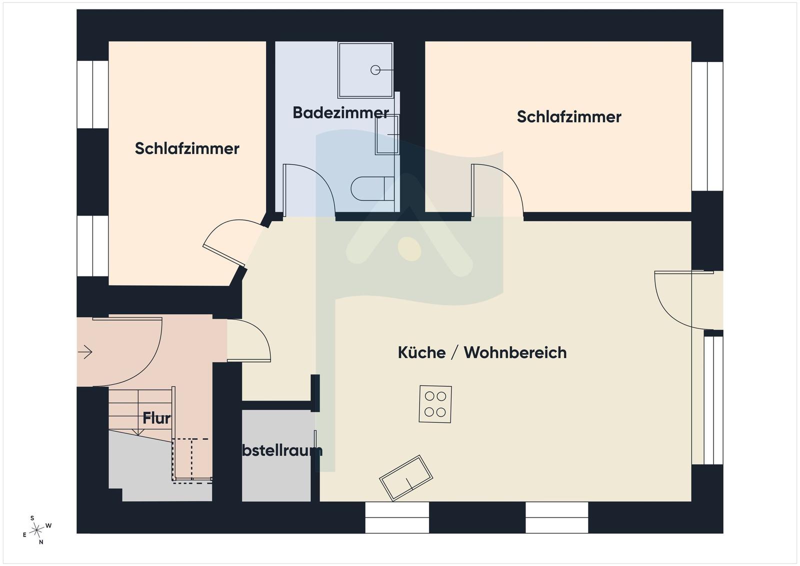 Zwei Schlafzimmer, ein Badezimmer, Küche/Wohnbereich und Flur mit Stellraum.