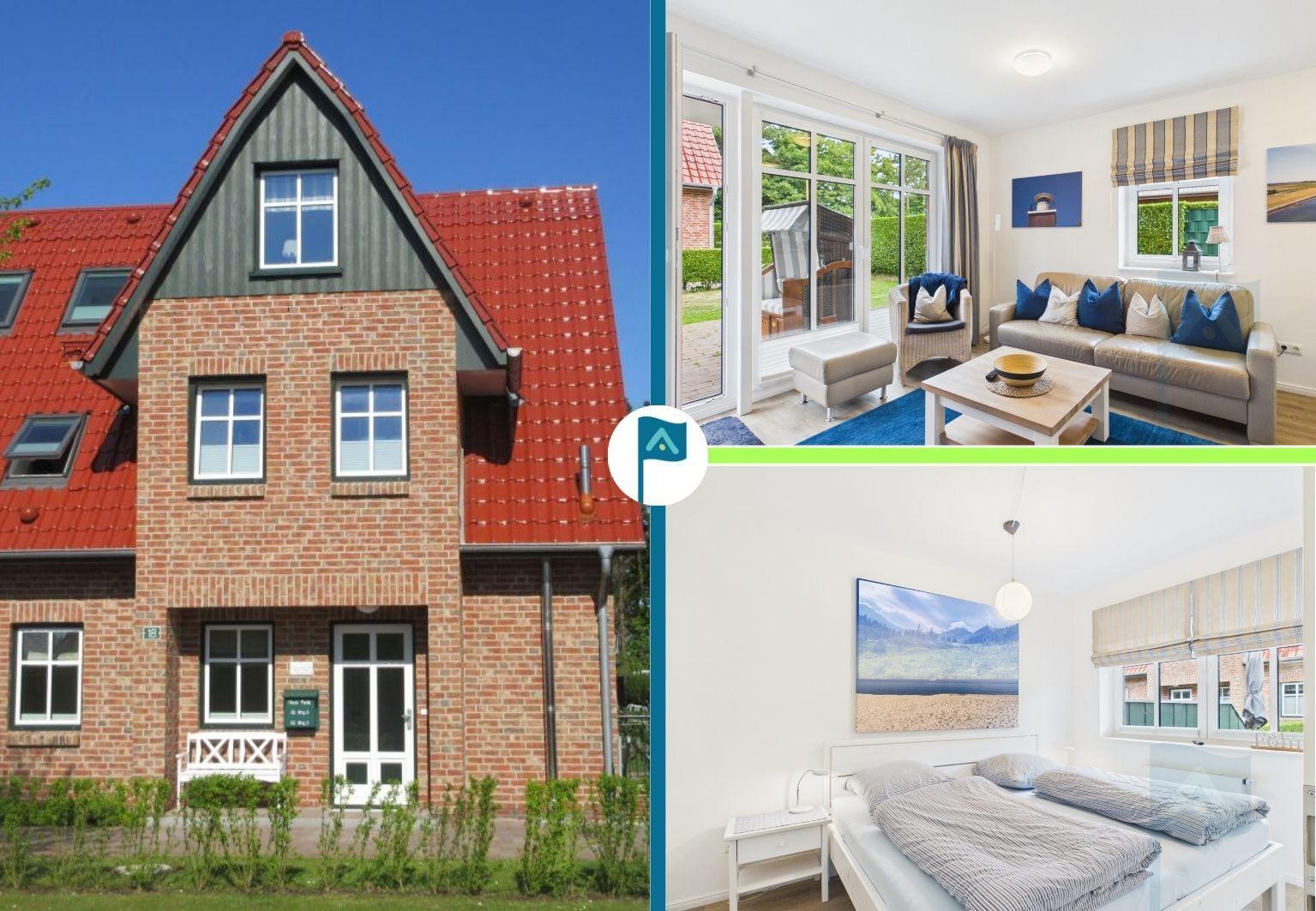 Haus mit rotem Dach, Wohnzimmer mit Sofa und Schlafzimmer mit Bett.