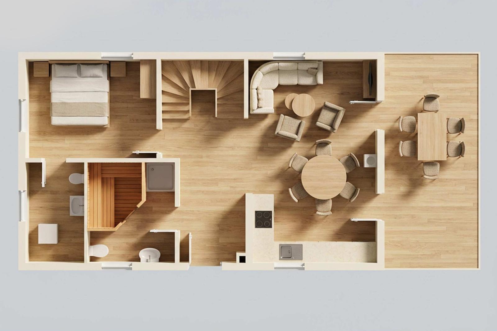 Dieses Haus hat eine Küche, Wohnzimmer, Schlafzimmer und Bad mit Dusche.