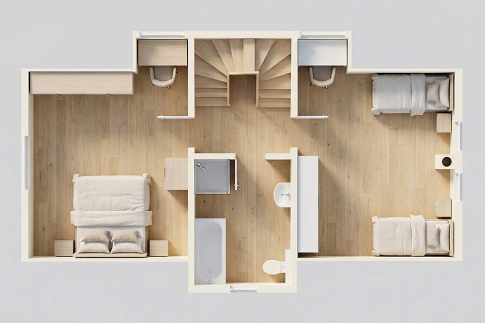 Zweistöckige Wohnung mit Schlafbereich, Bad und Arbeitsnischen.