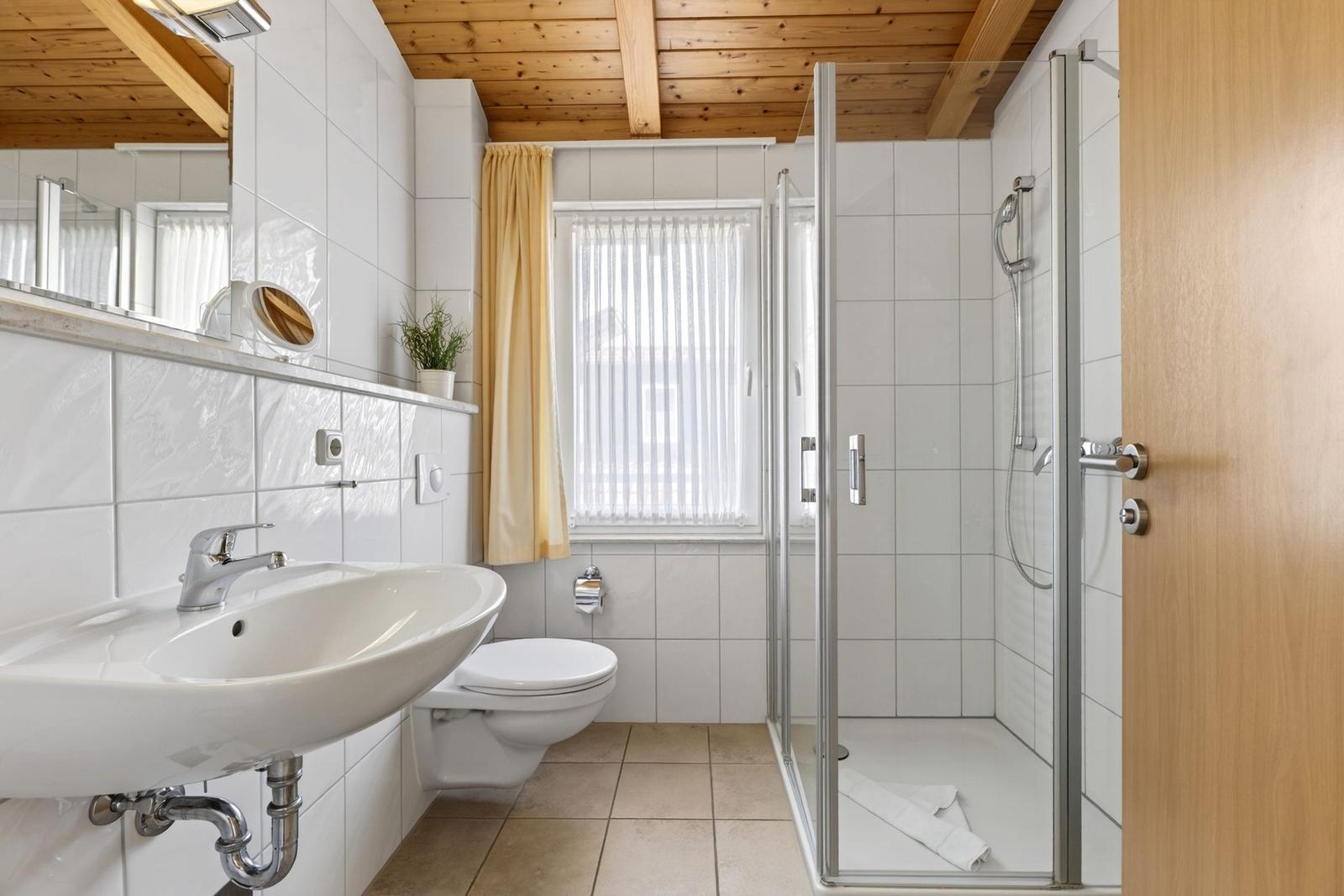 Badezimmer mit Dusche, Waschbecken und Toilette unter Holzdecke.