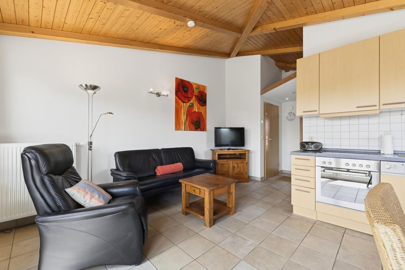 Wohnbereich mit Sofa, Sessel und Küchenzeile unter Holzdecke.