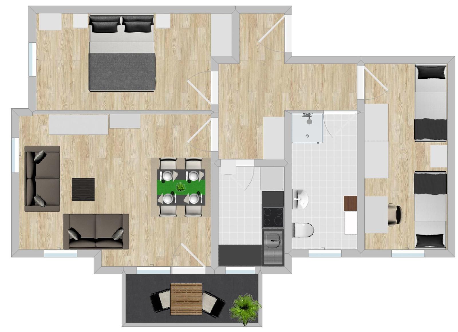 Wohnung mit Schlafzimmer, Wohnbereich, Küche und Bad. Außenbereich mit Tisch und Pflanze.