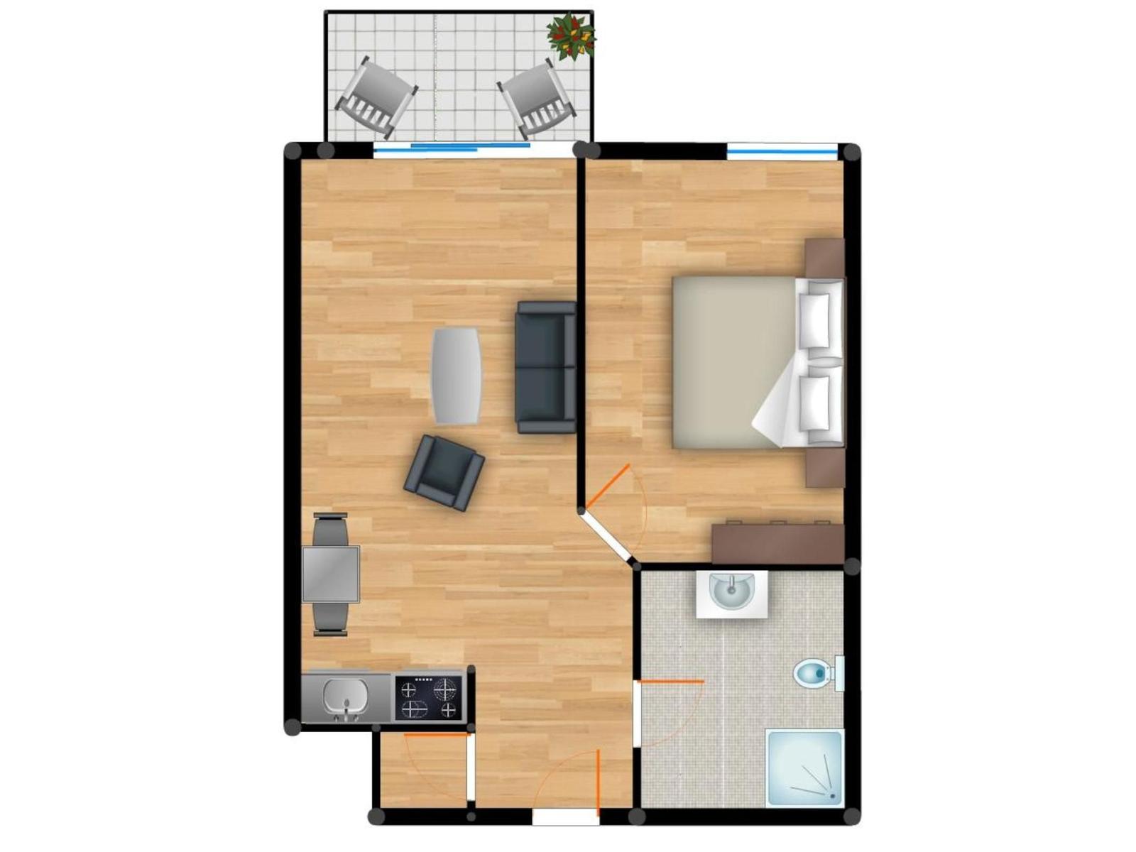 Apartment with bedroom, kitchen, and bathroom. Terrace with two chairs.