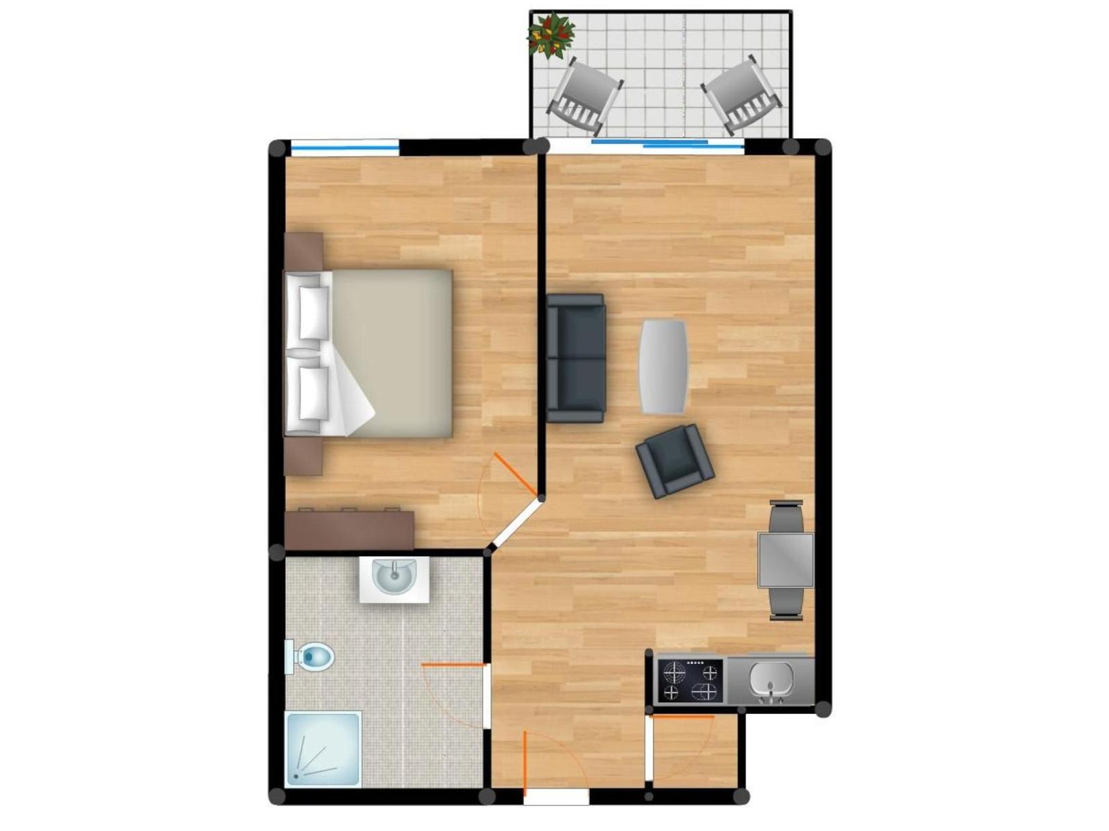 Das Apartment hat ein Schlafzimmer, ein Wohnzimmer, eine Küche und ein Badezimmer.