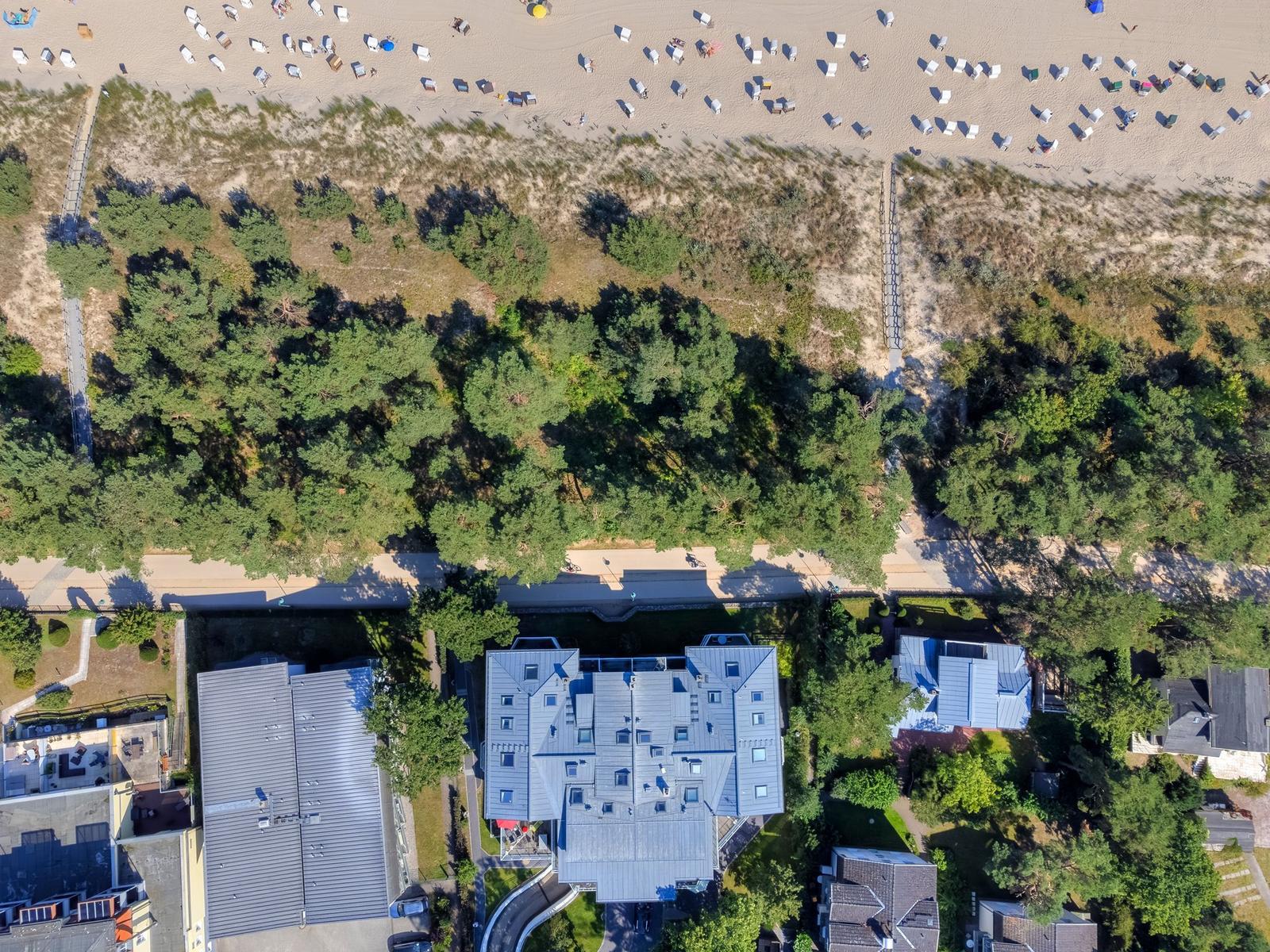 Aerial view of beach, dunes, and houses with trees in between
