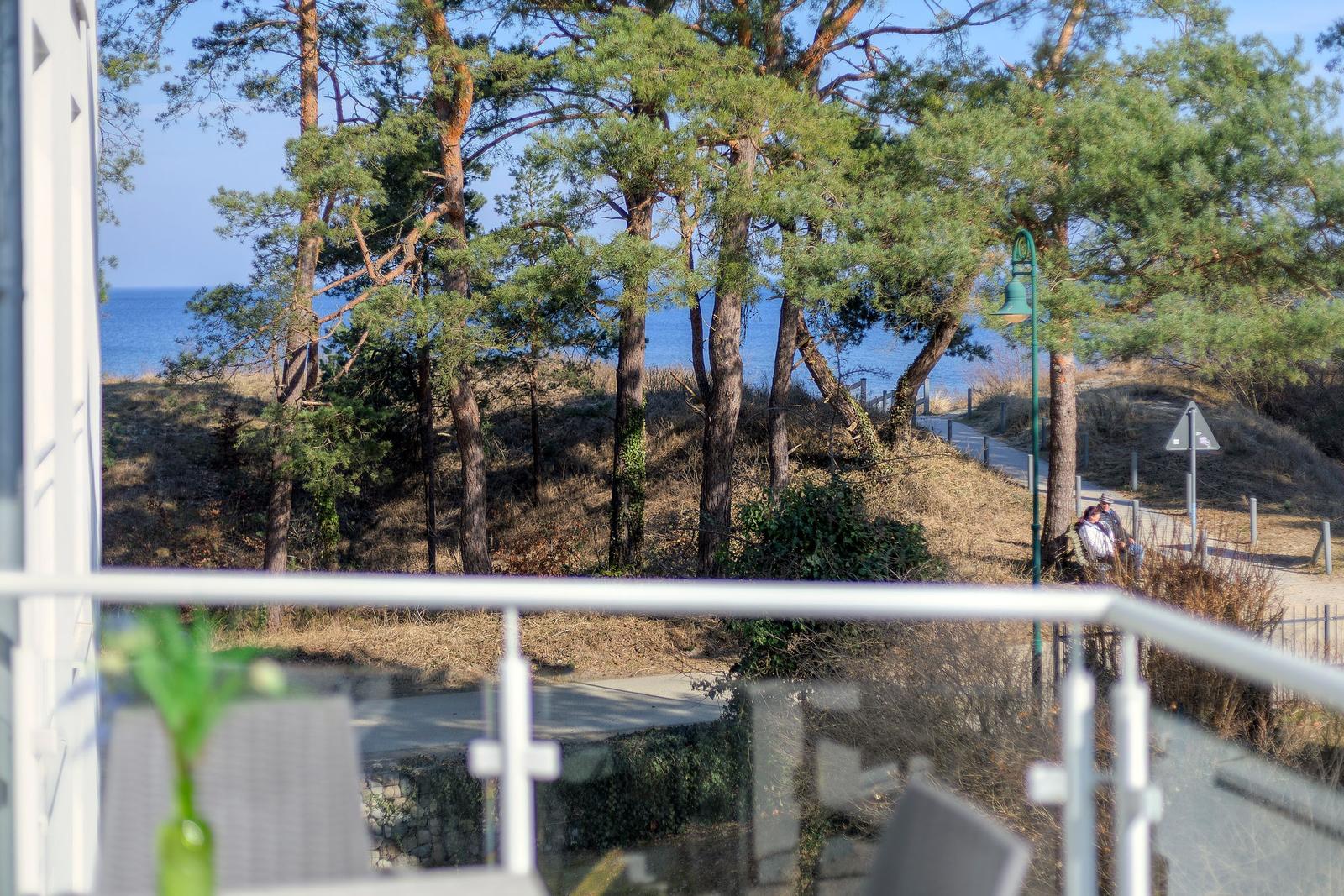 Blick von Balkon auf Wald und Meer mit Wanderweg und Laternenpfosten.