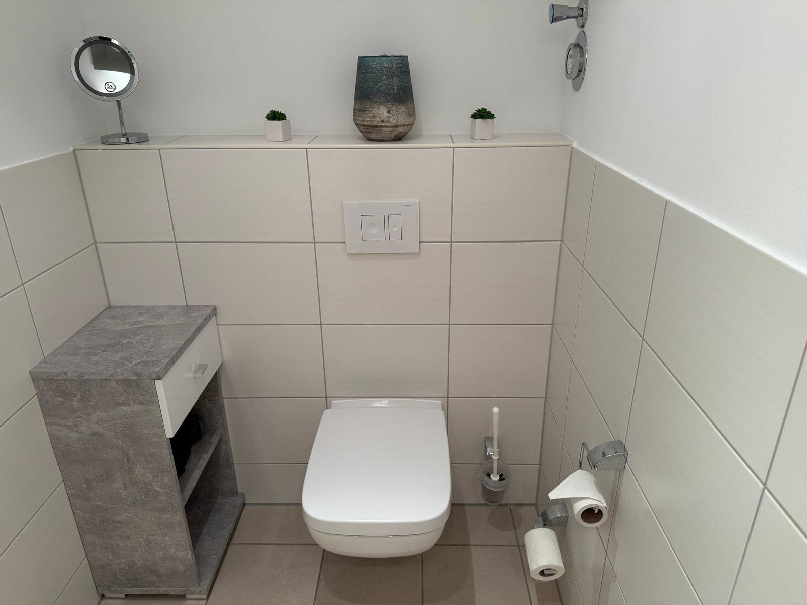 Toilette mit Waschbeckenunterschrank, Spiegel und Pflanzen