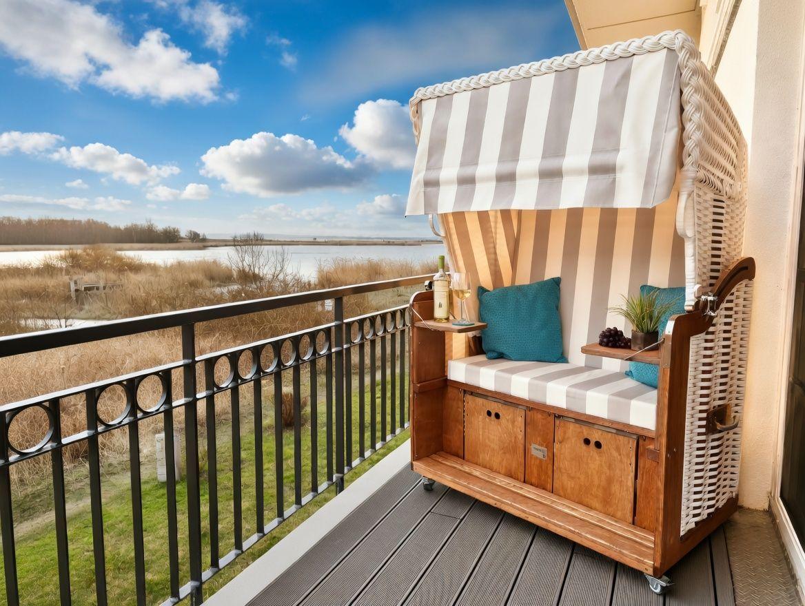 Balcony with beach chair, view of river and sky.