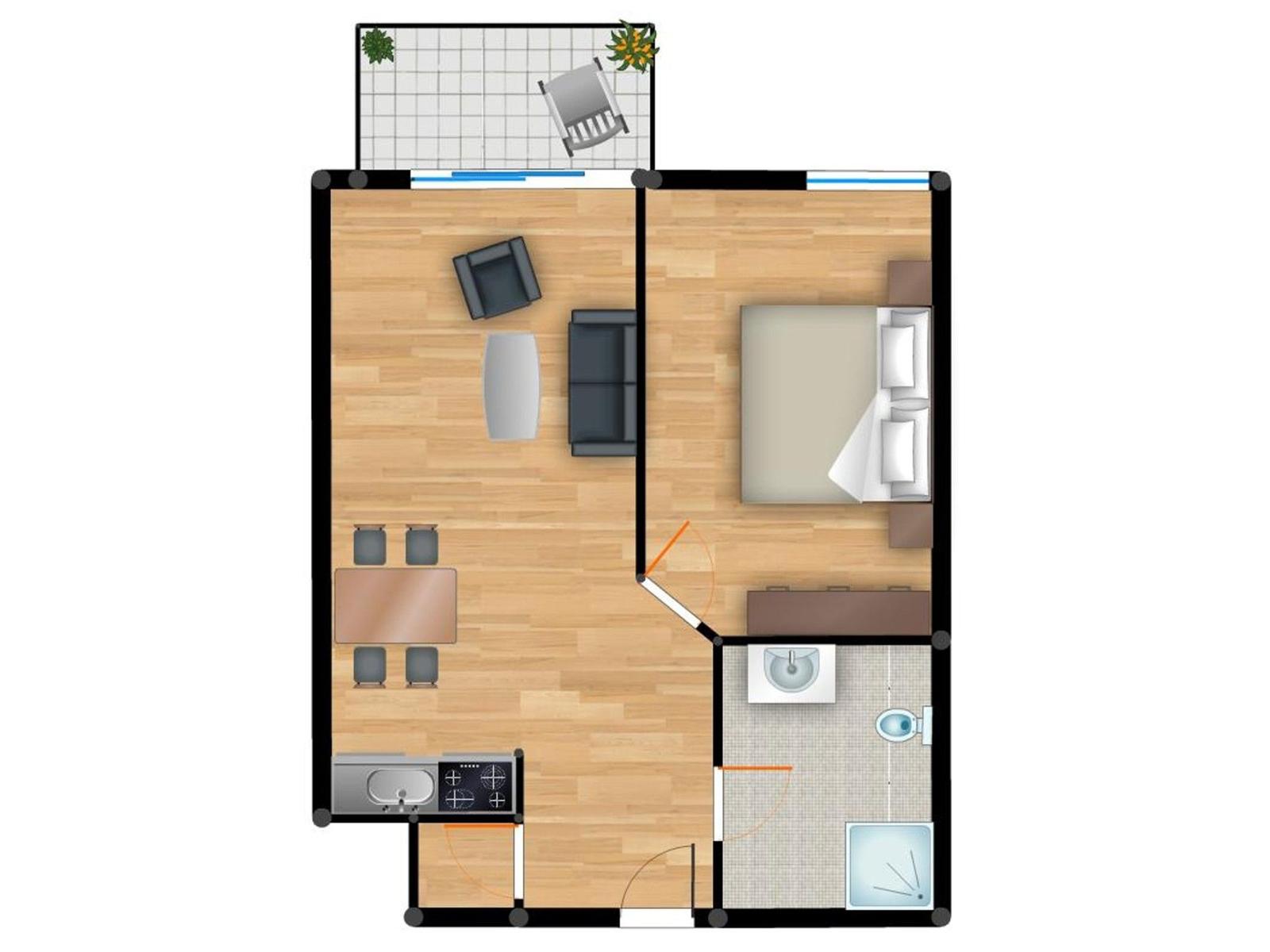 Wohnung mit Schlafzimmer, Küche, Bad und Terrasse
