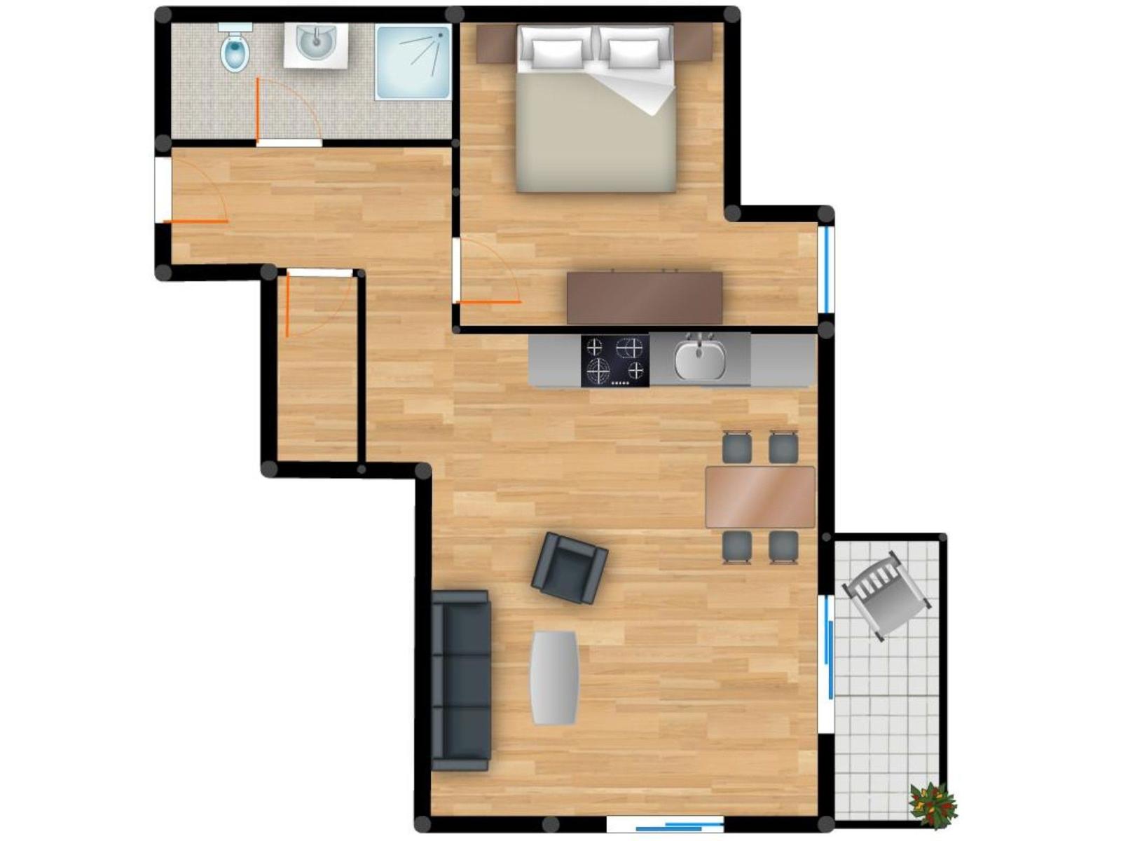 A room with bedroom, kitchen, living room, and bathroom.