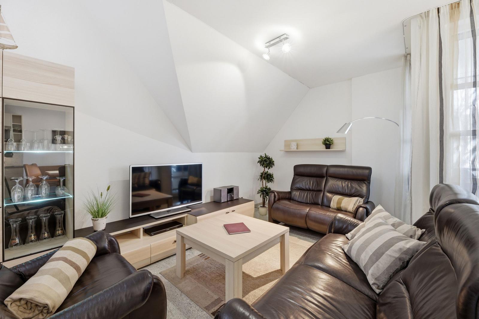 Living room with brown leather sofas, TV, table and glass wall