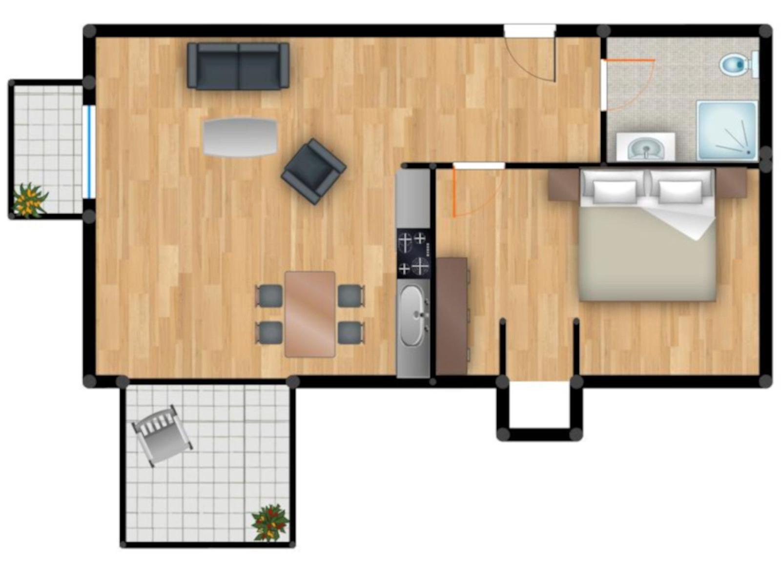 Wohnung mit Küche, Schlafzimmer und Bad. Holzboden und Fenster.