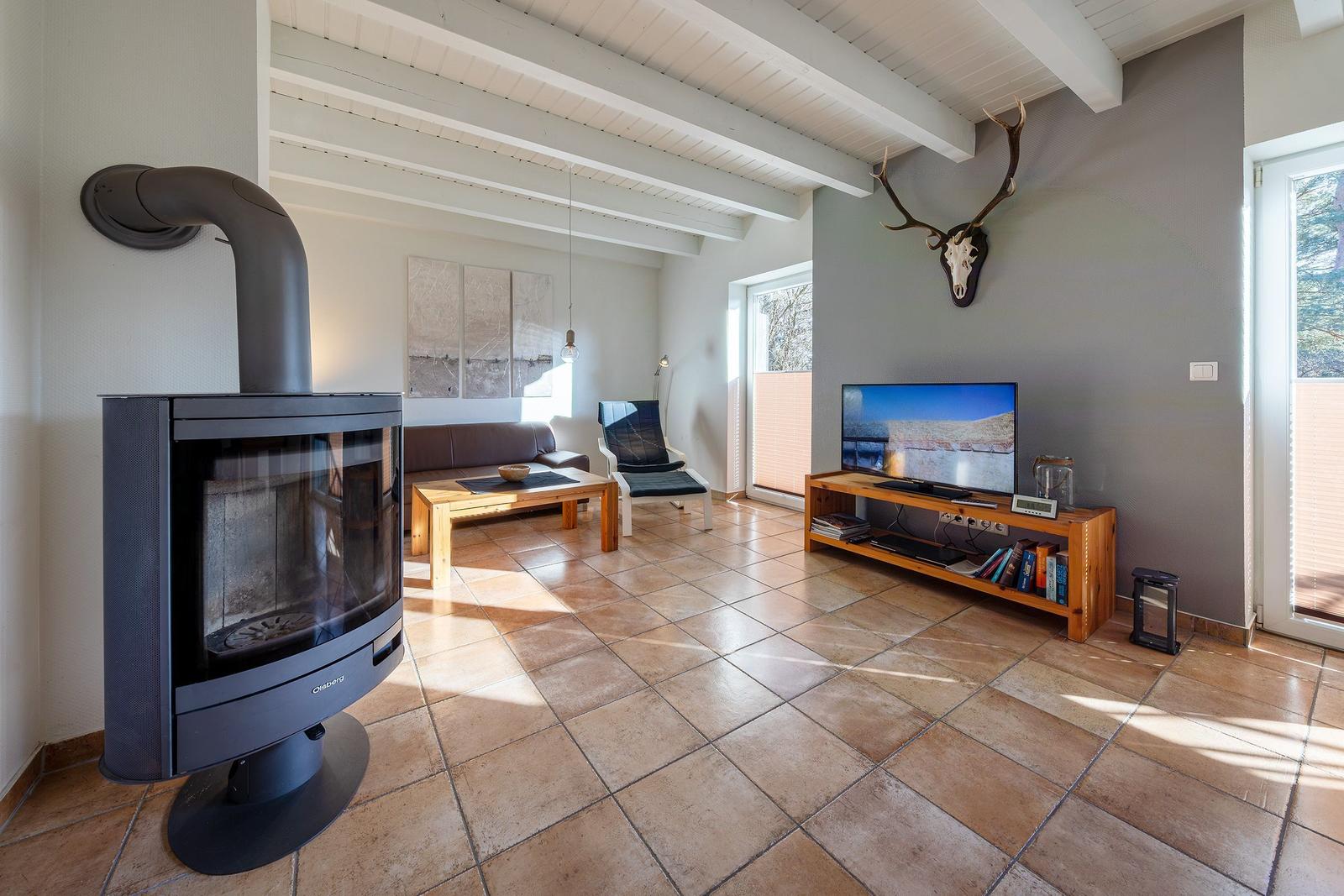 Wohnzimmer mit Kamin, Sofa, Fernseher und Wanddekoration.
