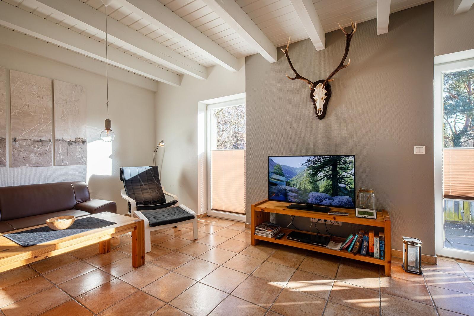 Wohnzimmer mit Sofa, Fernseher und Hirschgeweih an der Wand.