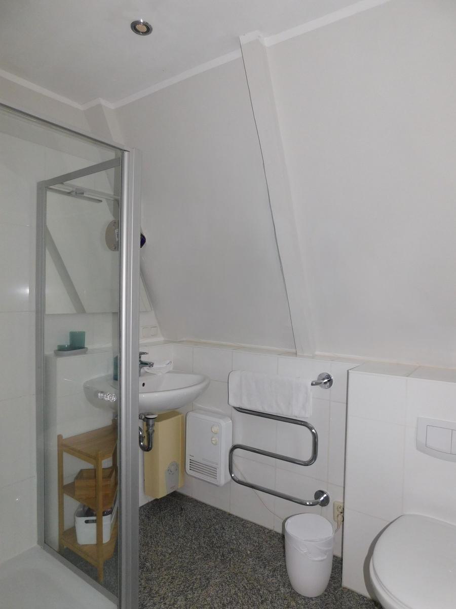 Badezimmer mit Dusche, Waschbecken und Toilette. Dachschrägen und Handtuchhalter sichtbar.