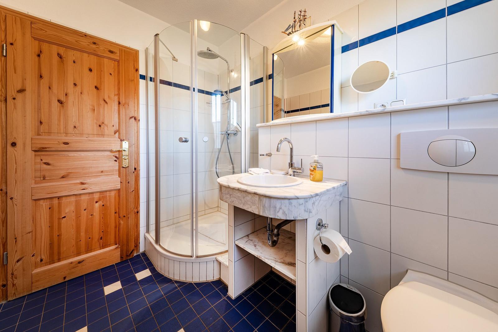 Badezimmer mit Dusche, Waschbecken und Toilette. Holztür und blau-weiße Fliesen.