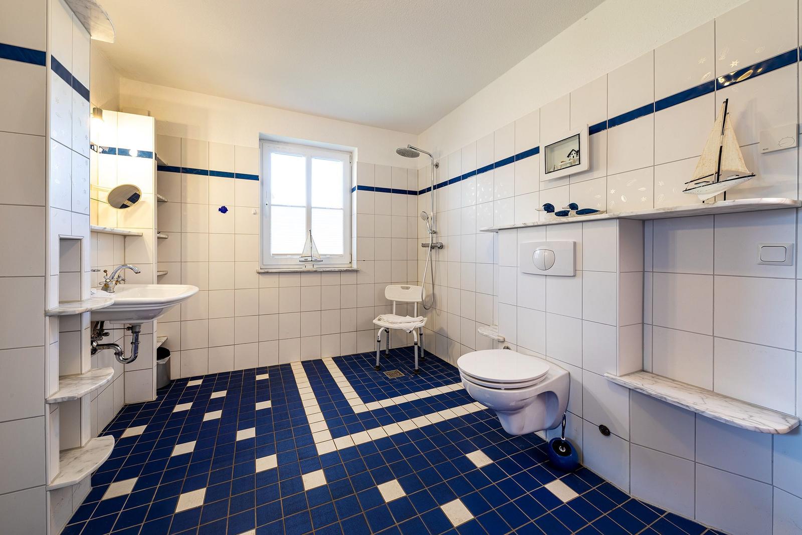 Badezimmer mit blau-weißem Fliesenboden, Dusche, Toilette und Waschbecken.