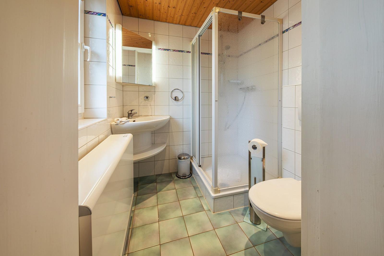 Badezimmer mit Dusche, Waschbecken und Toilette. Holzdecke und gefliestes Bad.