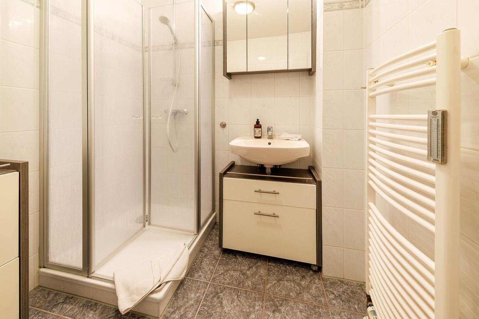 Badezimmer mit Dusche, Waschbecken und Heizkörper