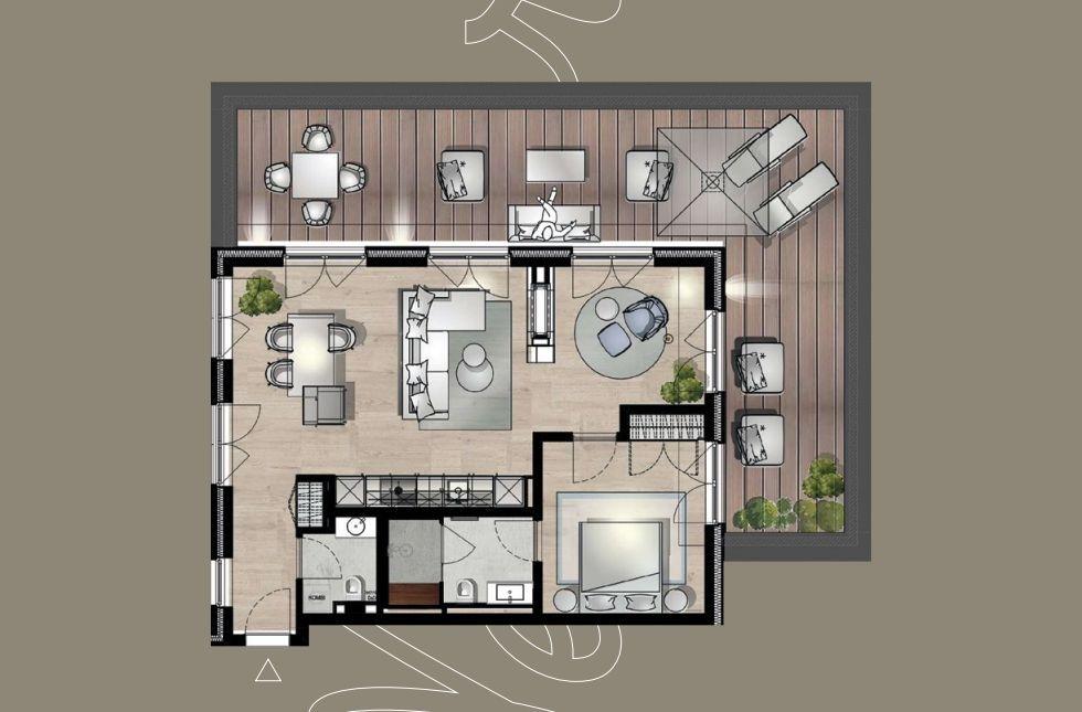 Übersicht über die Wohnung mit Küche, Wohnzimmer, Schlafzimmer und Terrasse.