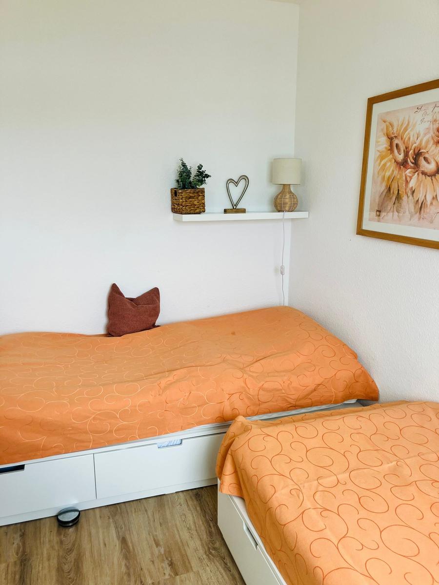 Zwei Betten mit orangefarbenen Bettwäschen und einem Regal mit Pflanze und Lampe.