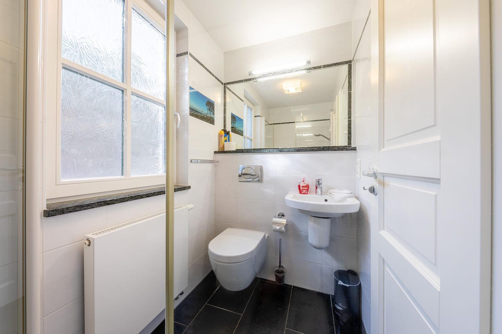 Badezimmer mit Toilette, Waschbecken und Dusche. Fenster mit getöntem Glas.