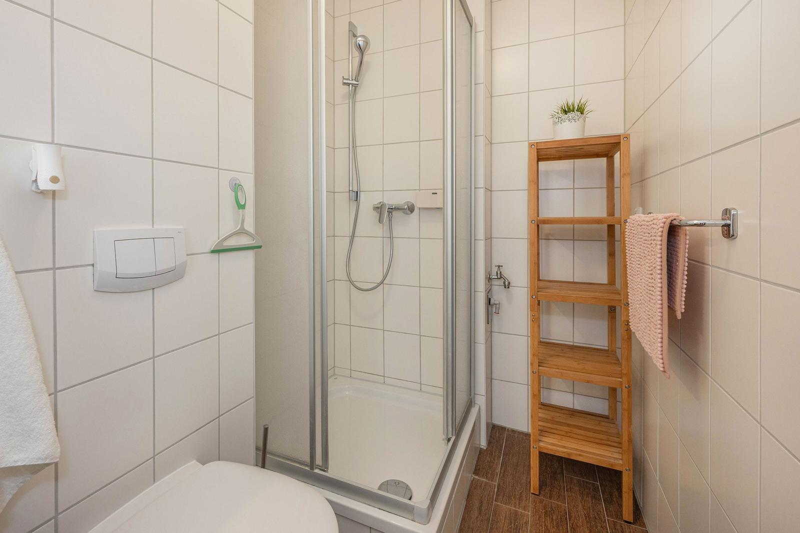 Badezimmer mit Dusche, Toilette und Holzregal.
