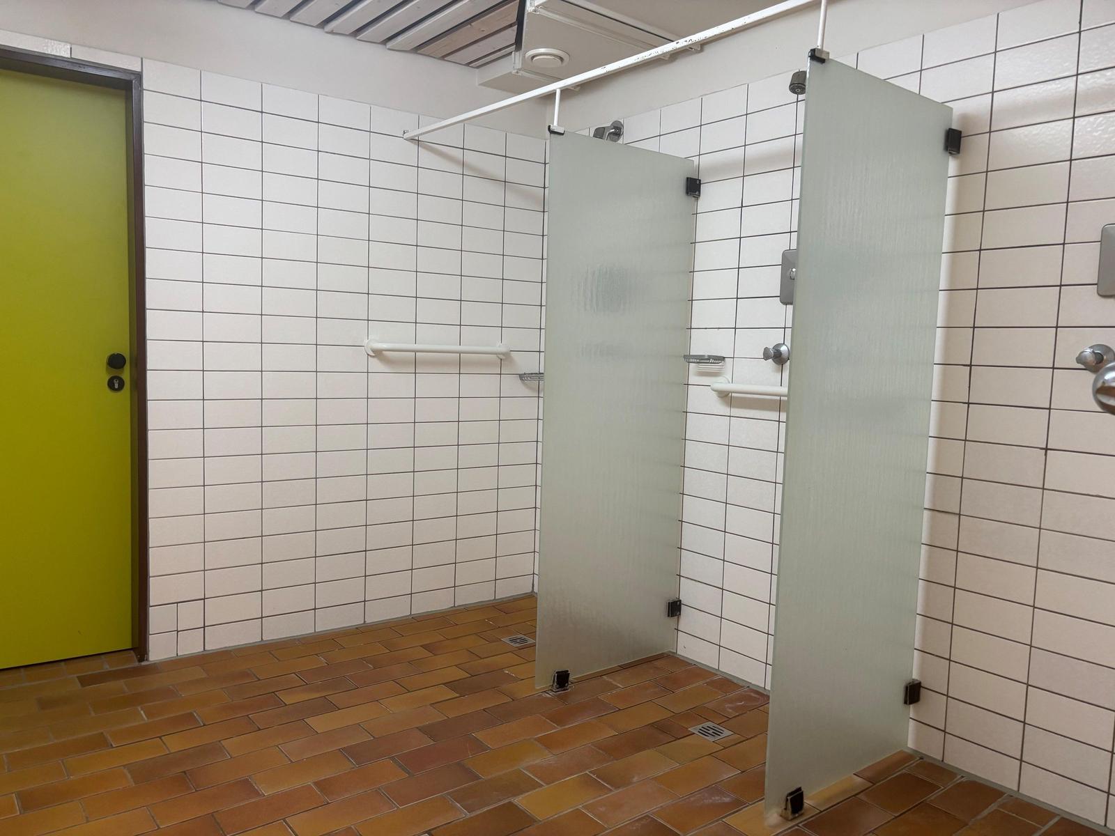 Dusche mit Duschwand, Handlauf und Bodenabfluss