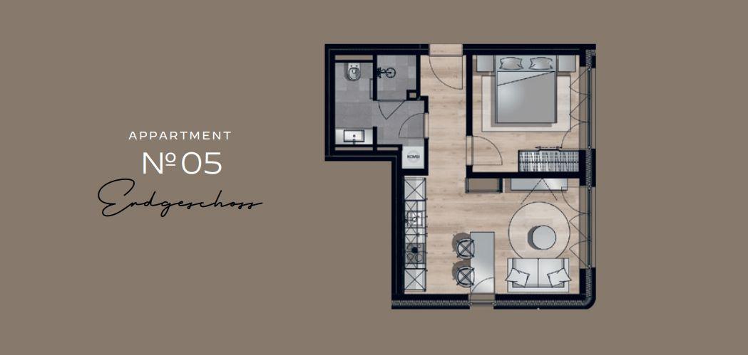 Appartement Nr 05 im Obergeschoss mit Schlafzimmer, Küche, Bad und Wohnbereich.