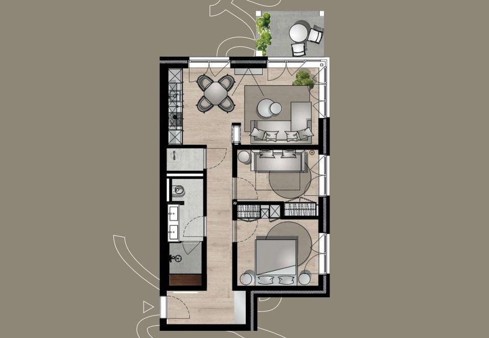 Zweizimmerwohnung mit Küche, Bad und Balkon. Modern eingerichtet.