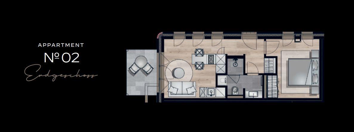 Appartement Nr. 02 im Obergeschoss mit Wohn- und Schlafbereich sowie Küche und Bad.