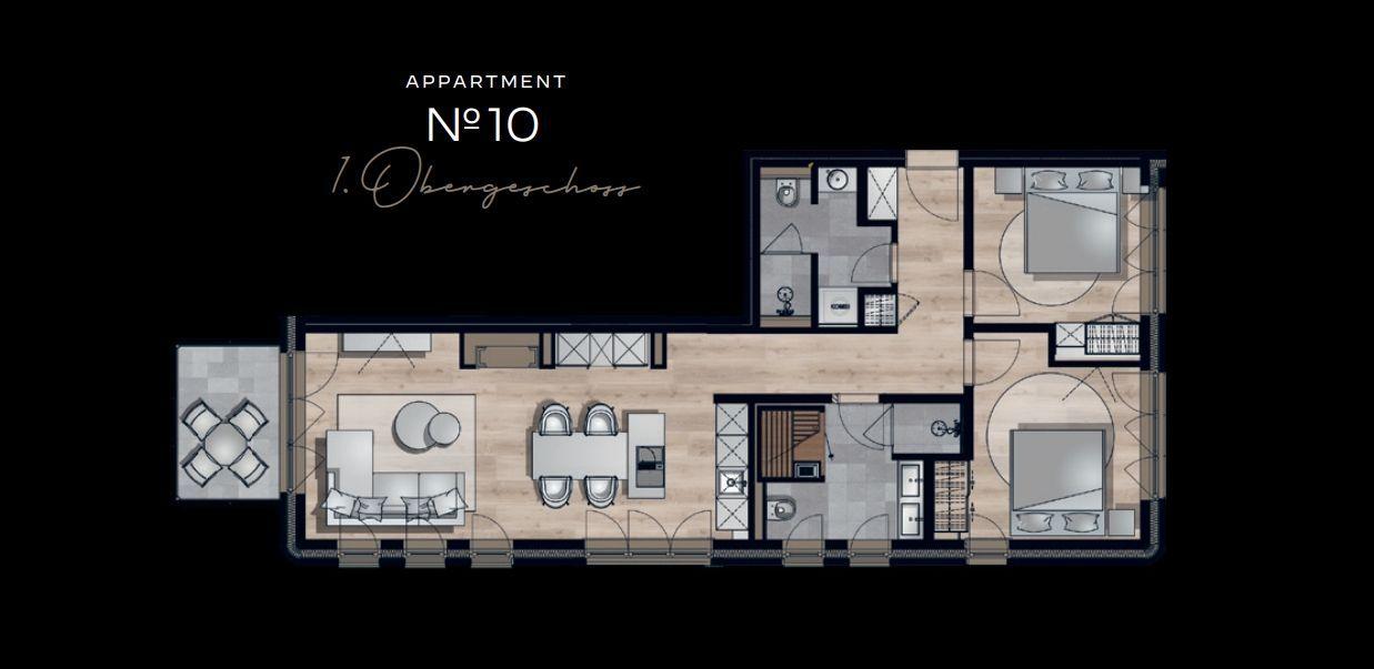Wohnung Nr. 10 im 1. Obergeschoss mit zwei Schlafzimmern, Küche, Essbereich und Bad.