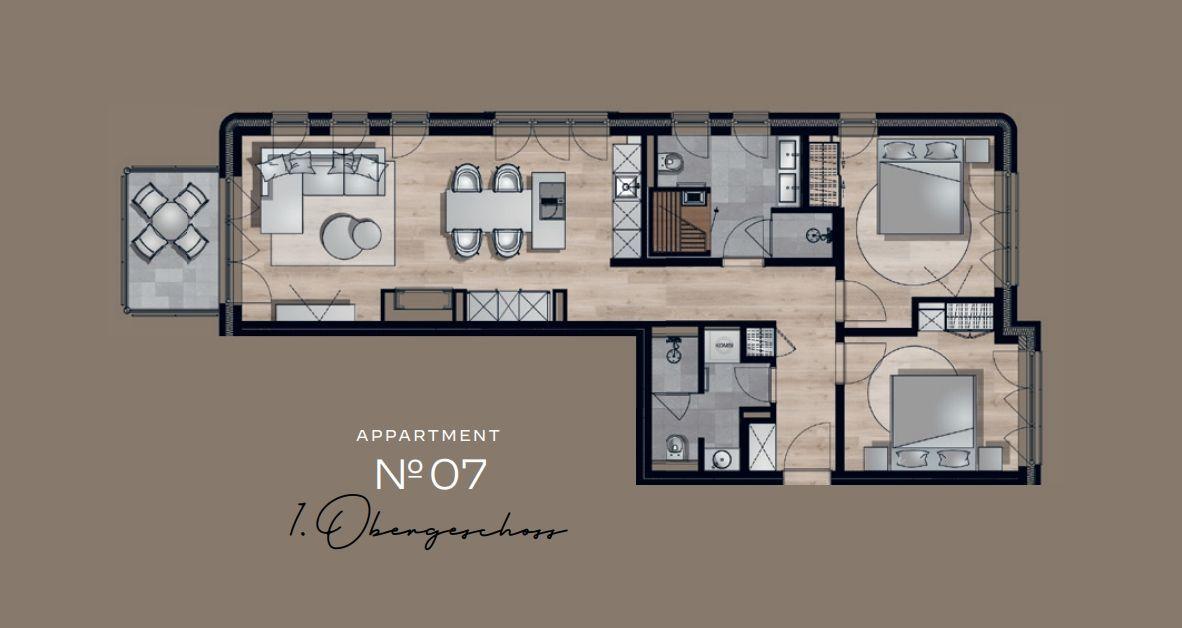 Appartement Nr 07 im 1. Obergeschoss mit Wohn- und Schlafbereich sowie Küche und Bad