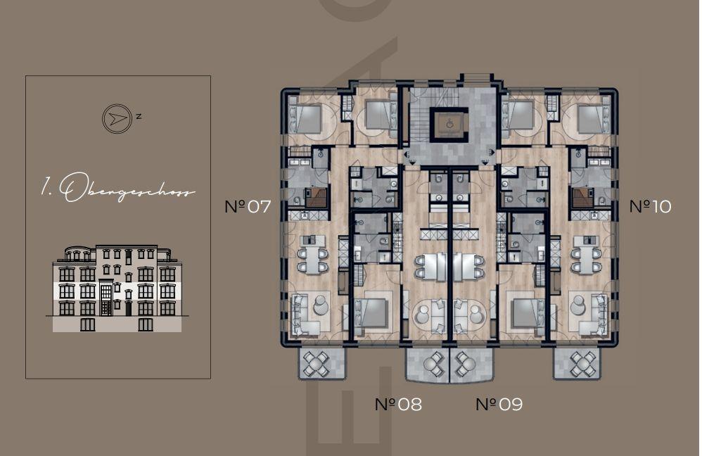 Pläne des 1. Obergeschosses mit Wohnungsnr. 07 bis 09 und 10.