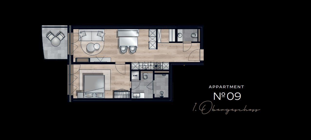 Wohnung Nr 09 im 1. Obergeschoss mit Wohn- und Schlafbereich, Küche und Badezimmer.