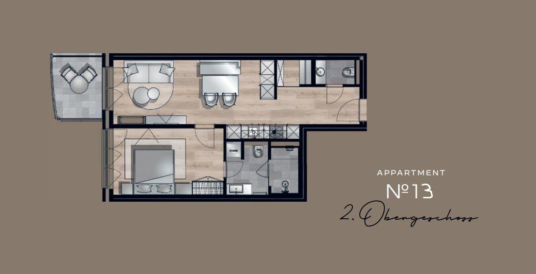 Apartment No 13 on 2nd floor with living area, bedroom, and kitchen.