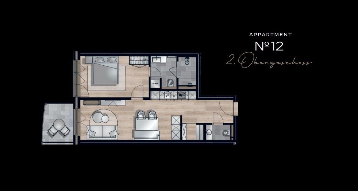 Apartment No 12 on 2nd floor with bedroom, living area, and bathroom