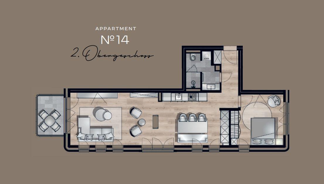 Appartement Nr 14 mit Wohnbereich, Schlafzimmer und Küche im 2. Obergeschoss