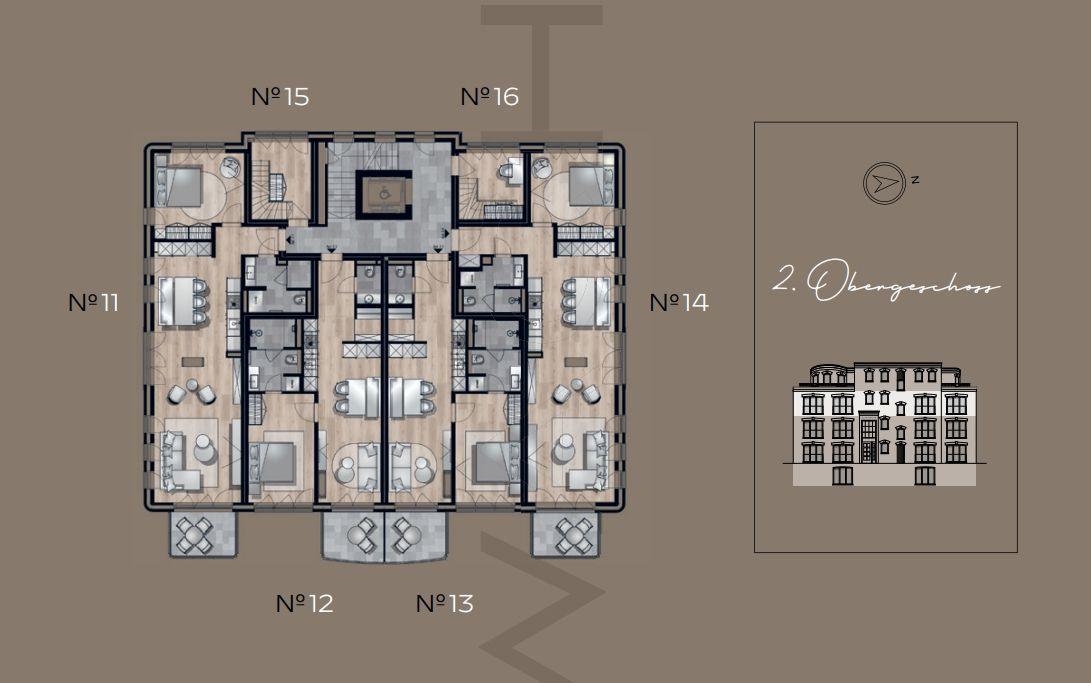 Plan des 2. Obergeschosses mit Wohnungen Nr 11 bis 16.