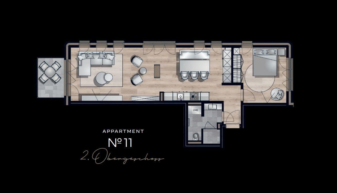 Appartement Nr 11 mit Wohnzimmer, Küche, Schlafzimmer und Bad im 2. Obergeschoss